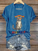 Women's Ally Cat Print V Neck T-Shirt