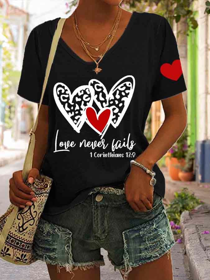 Women's Love Never Fails Heart Print V Neck Casual T-Shirt