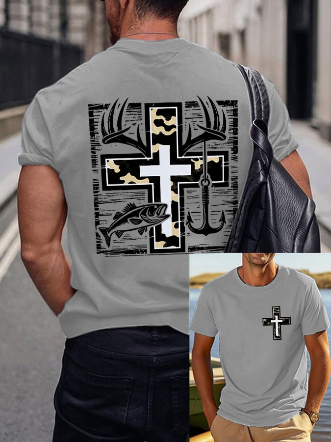 Men's Retro Faith Fishing Hunting Print T-Shirt