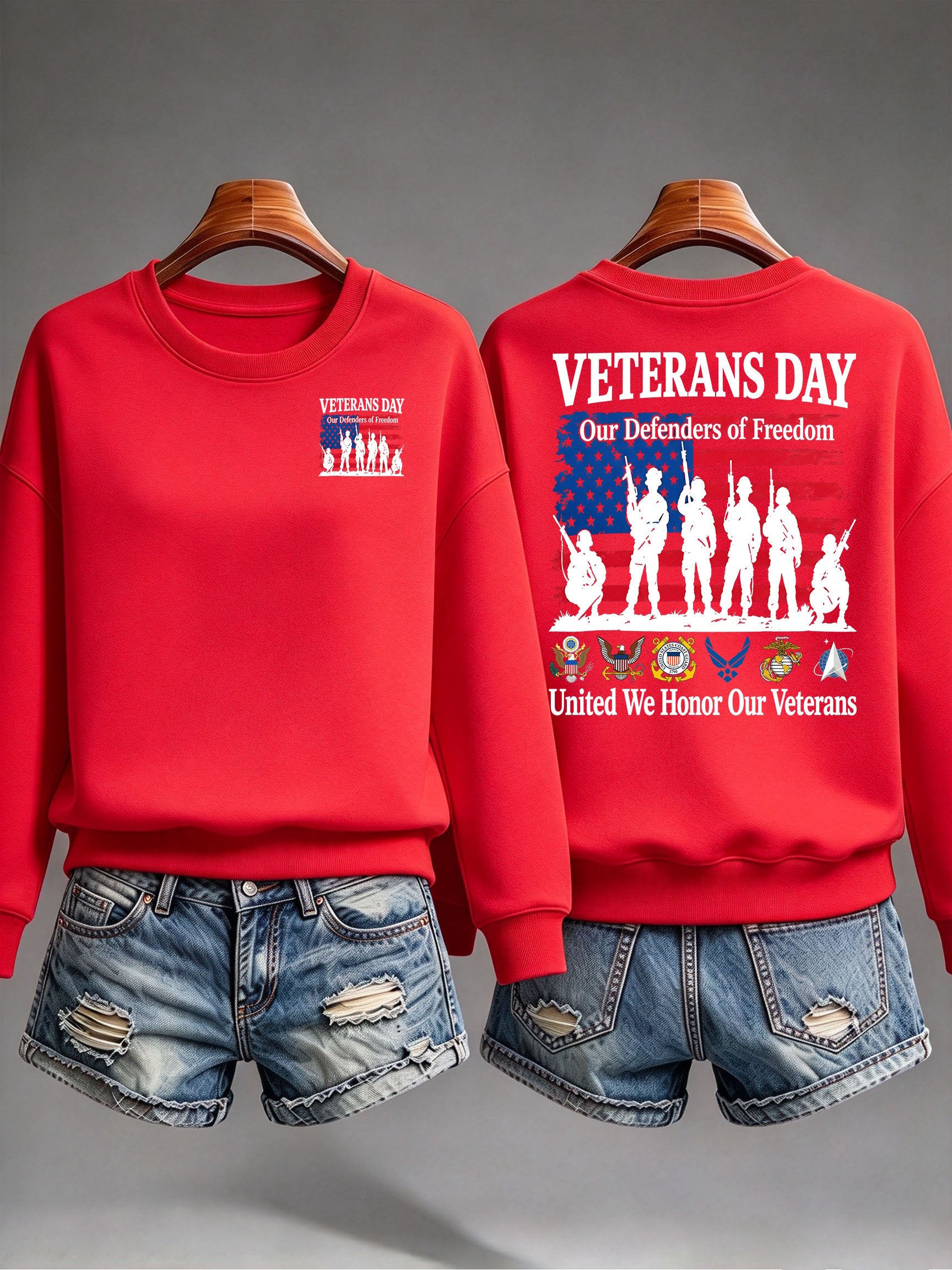 Women's Veterans Day Sweatshirt, Our Defenders of Freedom American Flag and Soldier Silhouettes