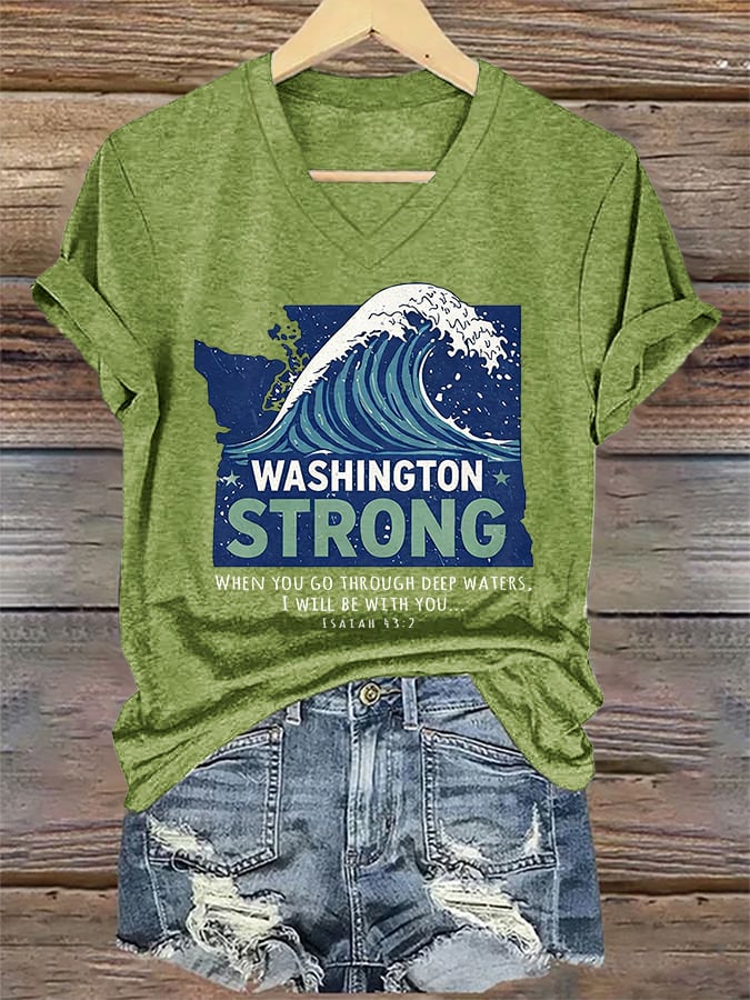 V-Neck Retro Washington Strong When You Go Through Deep Waters, I Will Be With You Isaiah 43:2 Print T-Shirt