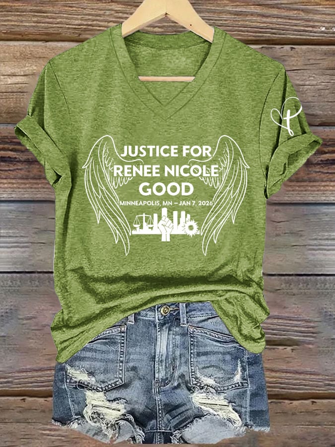 V-Neck Retro Wings Justice For Renee Nicole Good Print T-Shirt