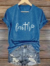 Women's Faith Cross Print Casual V-Neck T-Shirt