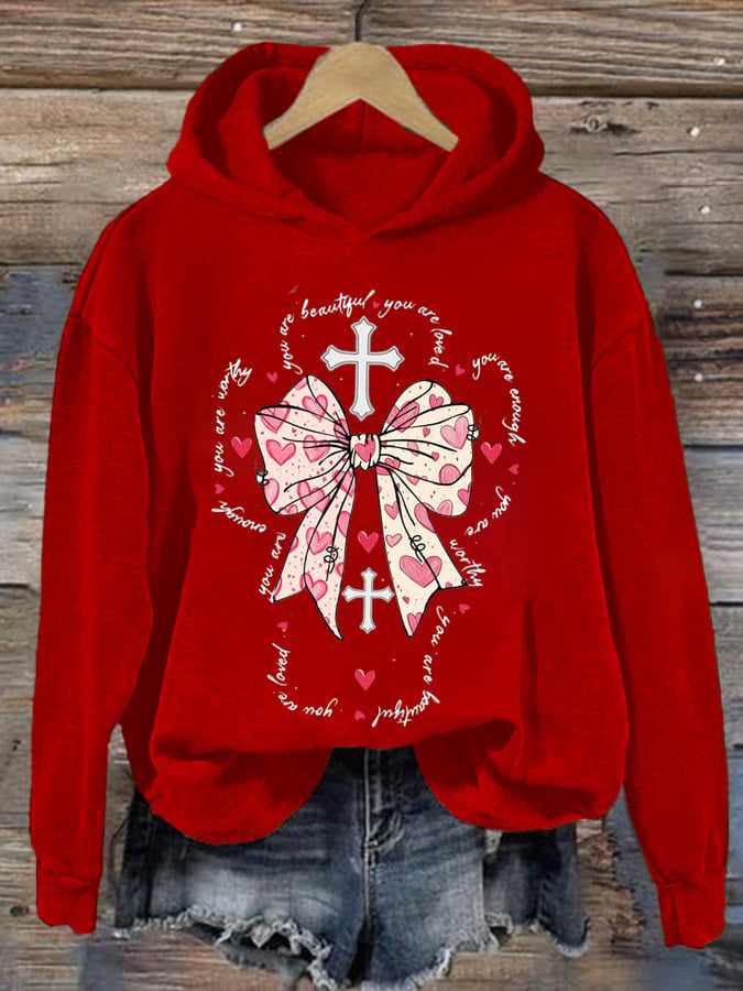 Women's You Are Enough,Loved,Worthy,Valentines Day Christian Print Hooded Sweatshirt