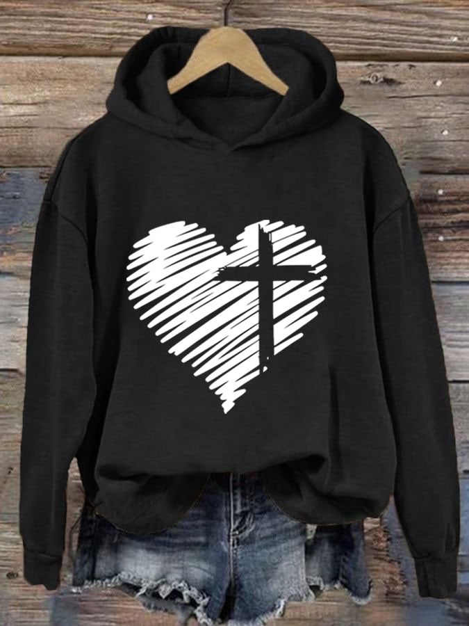 Women'S Love Cross Printed Casual Hoodie