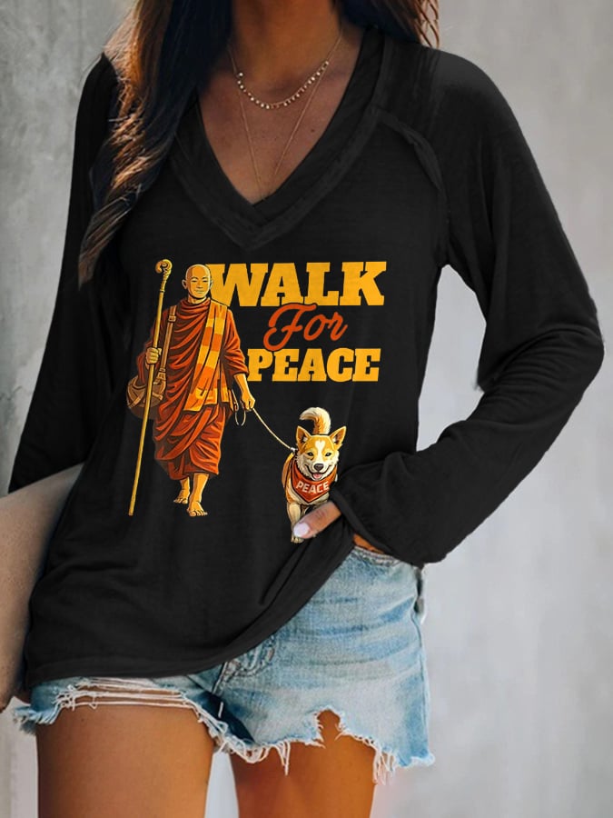 V-neck Retro Walk For Peace Monks With Aloka Dog Print T-Shirt
