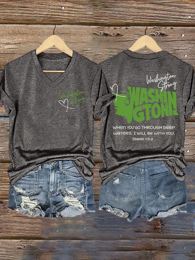 V-Neck Retro Washington Strong When You Go Through Deep Waters, I Will Be With You Isaiah 43:2 Print T-Shirt