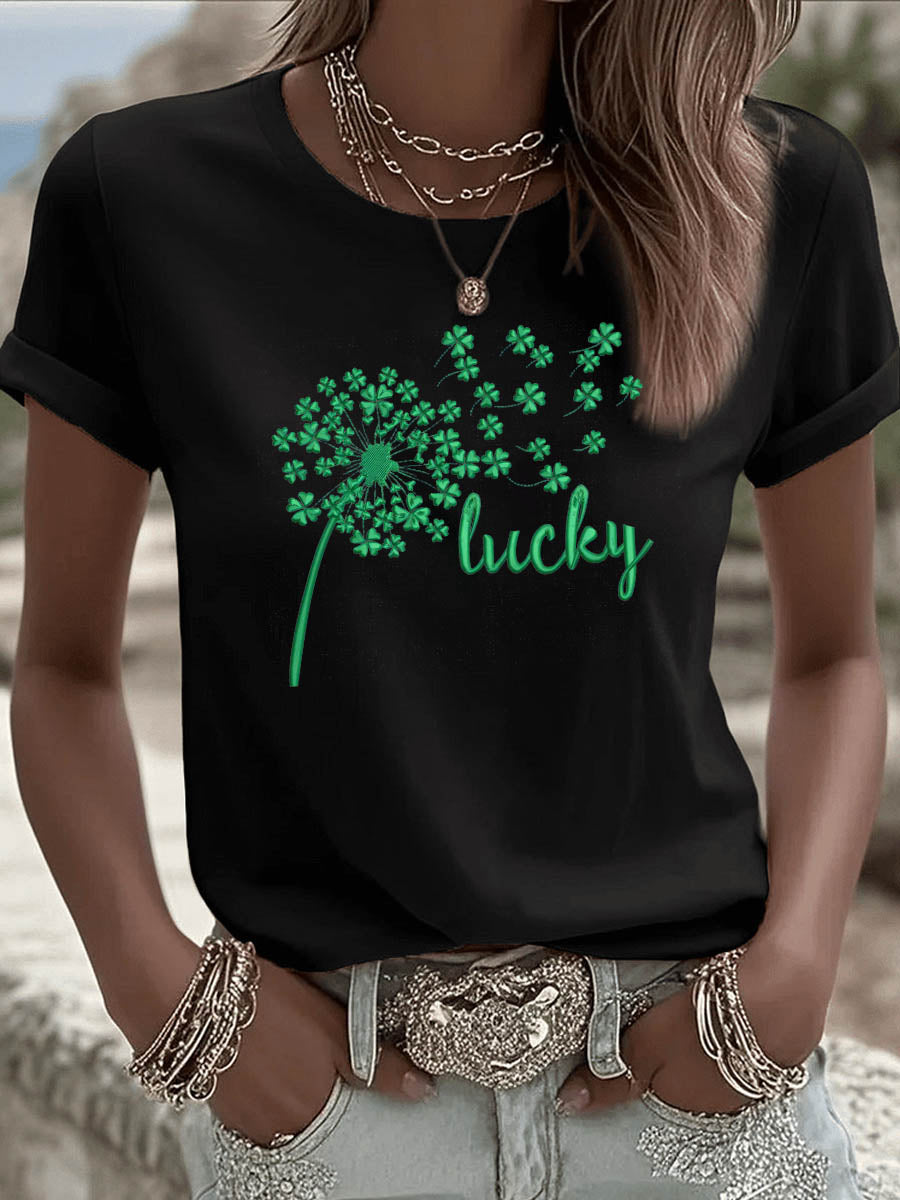 St. Patrick'S Day Lucky Dandelion Pattern Round-Neck 100% Cotton 180g T-Shirt