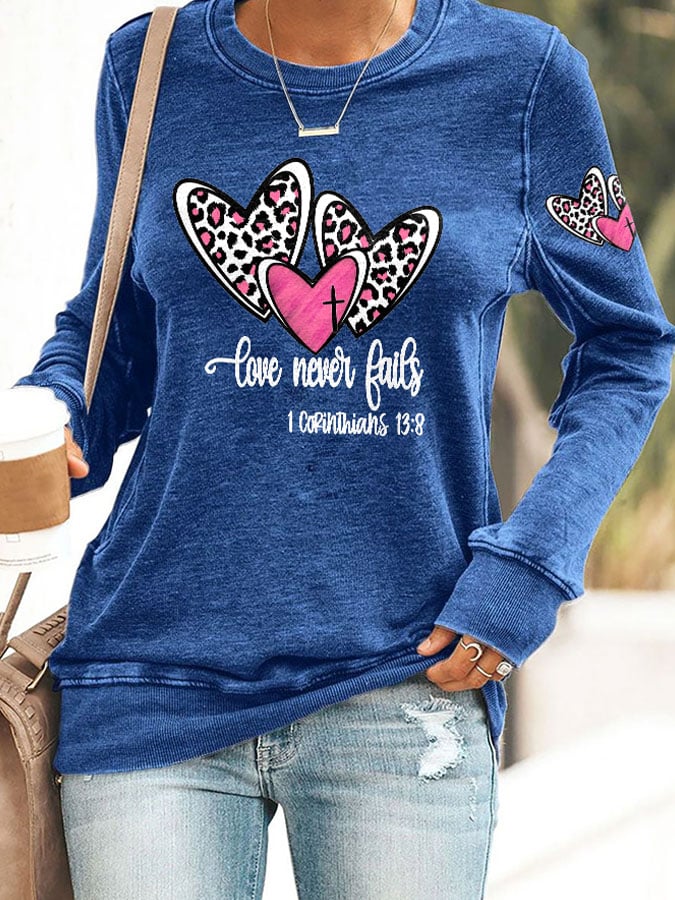 Women's Love Never Fails Heart Printed Casual Sweatshirt